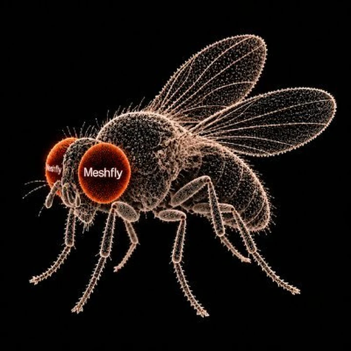 A fruit fly in close-up: big red eyes, two wings, six legs